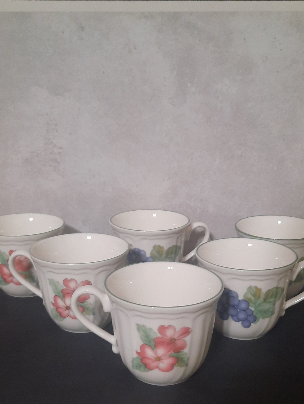 6 Floral Porcelain Dining Mugs - White with Pink & Blue Flower Accents